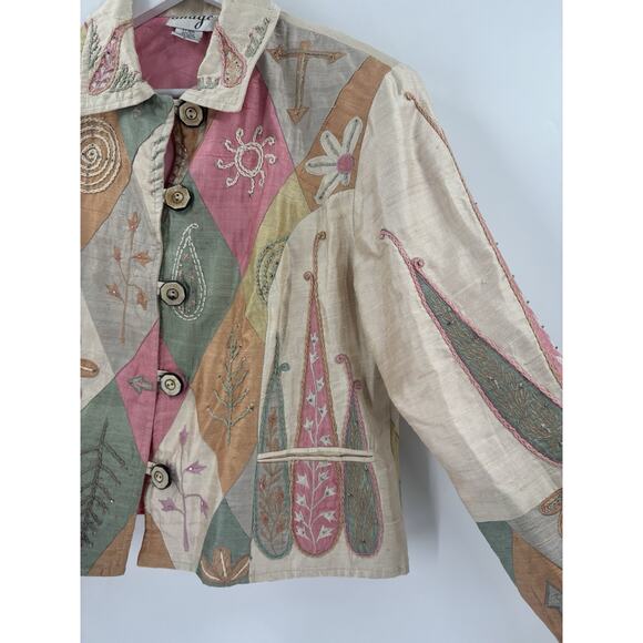 Anage Vintage Jacket Womens Large Beige Pink Green 100% Silk Embroidered Nature - Picture 3 of 16